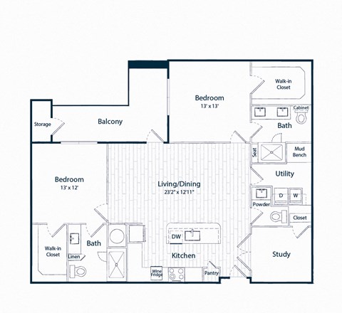 Floor plan for 2 beds, 2.5 baths, 1373 sqft